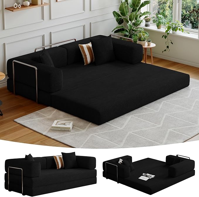Compressed Sleeper sofa bed,Convertible Floor Boneless Couch-With Comfy Pillow,Modular Modern Corduroy Sofa for living room Bedroom Lounge Studio-With Fixed-shape Frame and support Armrest(Black)