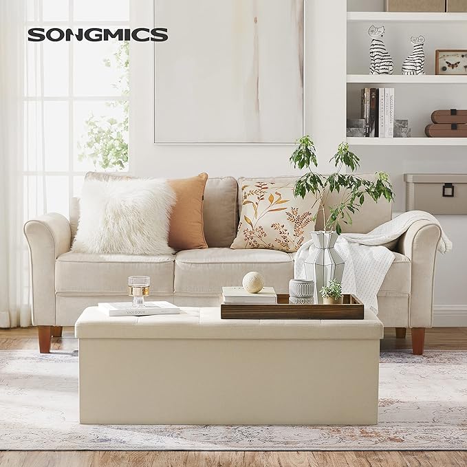 SONGMICS 43 Inches Folding Storage Ottoman Bench, Set of 2, Storage Chest, Foot Rest Stool, Bedroom Bench with Storage, Beige, ULSF429W02