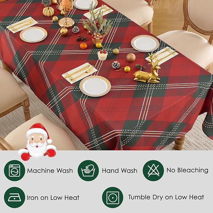 Christmas Tablecloth Rectangular 60x84 Inch Tablecloths for 4ft Waterproof, Machine Washable Polyester Table Cover for Xmas Party, Winter Holiday Home Decoration in Festive Checkered Green 1pack