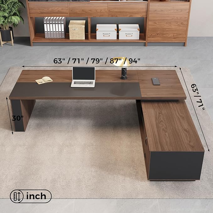 L-Shaped Executive Desk with LED Lights, Lockable Storage & 3-in-1 Charging Station, Reversible Cabinet, Modern Wood Office Desk for CEO, Manager & Home Office(Red Walnut+Black, 63"L*63"W*30"H)