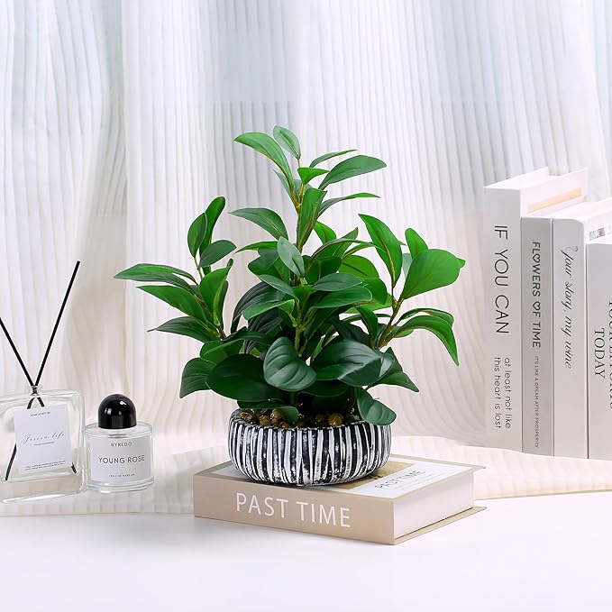 NASAMA Artificial Plants Decor Greenery Potted Fake Plant with Rustic Black Clay Planter for Restaurant Bathroom Bedroom Kitchen Office Table Desk Decor (Height 13")