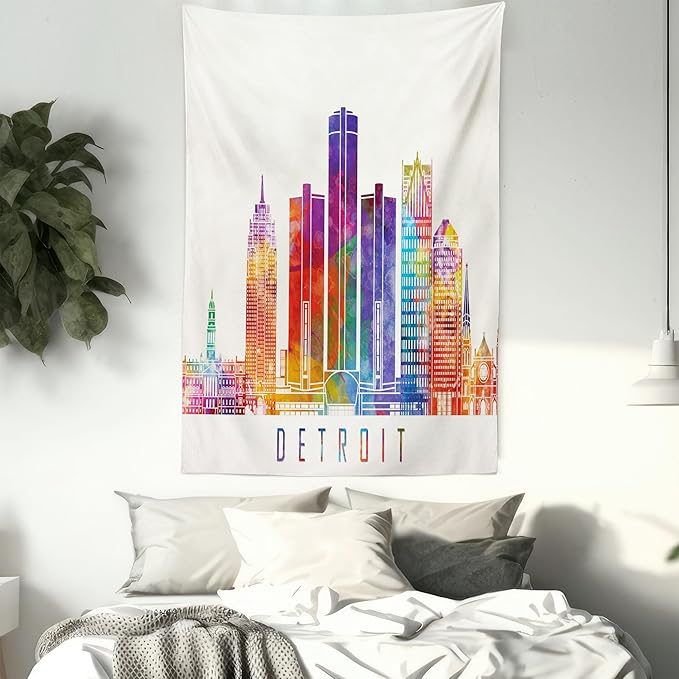 Ambesonne Detroit Tapestry, Vibrant Colored Abstract Skyscrapers Modern Architecture Watercolor Style Landmarks, Fabric Wall Hanging Decor for Bedroom Living Room Dorm, 23" X 28", Ivory
