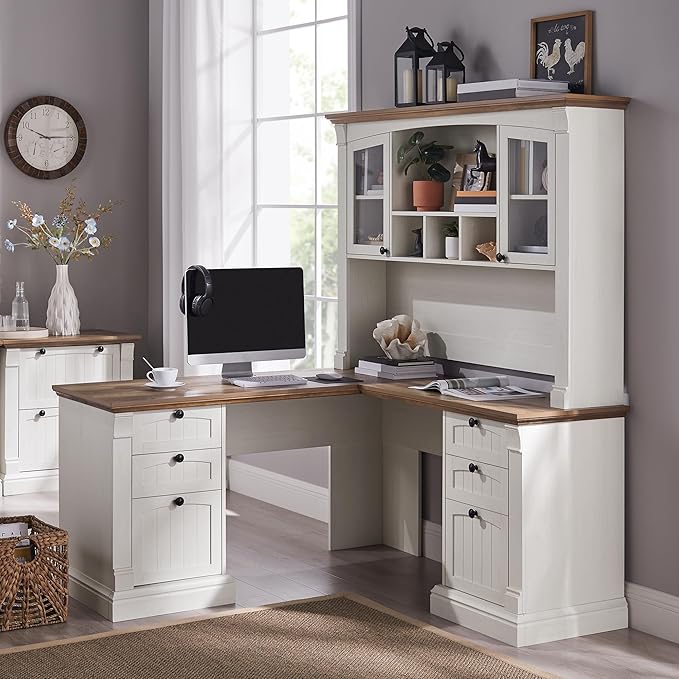 OKD 60" L Shaped Executive Desk with Hutch and Drawers, Farmhouse Home Office Desk with Charging Station, File Cabinet Storage, Wood Corner Computer Desk for Work and Study, Antique White