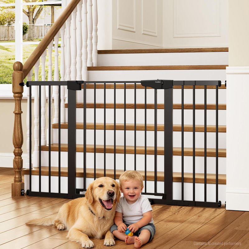 Cumbor 30-54" Extra Wide Baby Gate for Stairs, Dual Lock & Self-Closing Dog Gate Indoor, Easy Install Pet Gate for Doorways, Hallways & Kitchen, Easy Walk Thru Safety Proofing for Babies & Pets, Black