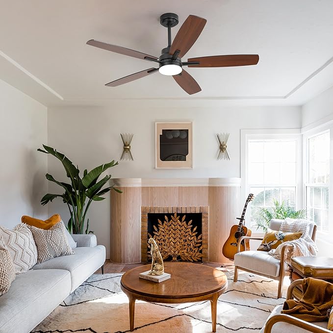 ARTPLAN 52" Ceiling Fan with Light and Remote, Noiseless DC Motor & Reversible Blades - Flush Mount LED Ceiling Fan for Bedroom, Living Room, Dining Room,Black