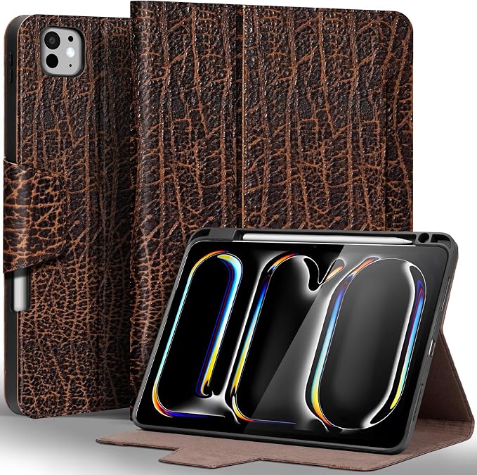 Gexmil Leather Case for iPad Pro 11 Inch M5/M4 2025/2024Crocodile Brown | Genuine Leather CoverPencil HolderMagnetic ClosureSmart Folio Auto Sleep/WakeProtectiveAdjustable Stand
