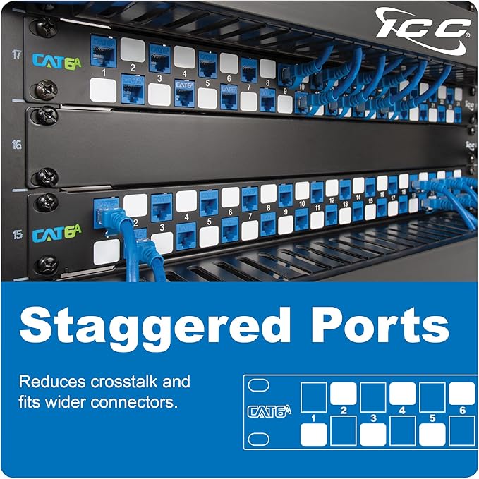 ICC 24 Port Blank Keystone 1U Patch Panel with 19” Metal Rackmount Housing and Cable Support Bar, Staggered Ports to Reduce ANEXT, Works with Keystone Jacks (Sold Separately), UL Listed, IC107PPU6A
