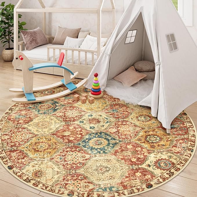 Lahome Moroccan Trellis Washable Round Area Rug, Round Rug 5ft Soft Non-Slip, Non-Shedding Distressed Circle Carpet for Bedroom Living Room Bathroom Nursery Kitchen, Red/Orange