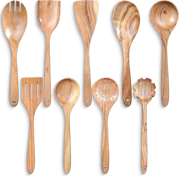 INTAJ Teak Wooden Spoons for Cooking, 9-Piece Handmade Kitchen Utensil Set