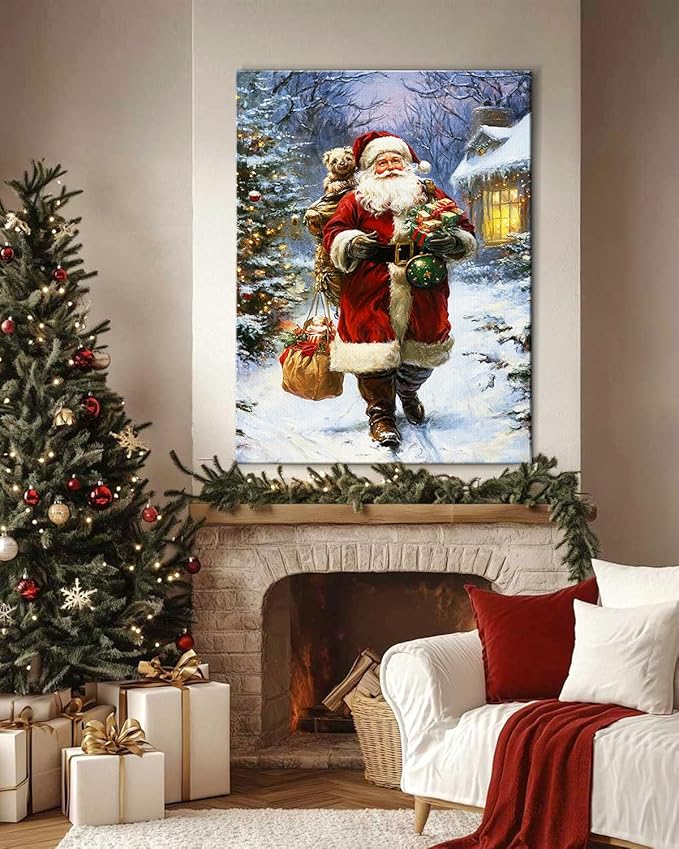 Vintage Santa Claus Christmas Canvas Wall Art - Festive Holiday Painting for Living Room,Bedroom & Bathroom, Cozy Winter Decor Framed Print, Perfect Christmas Gifts & Home Decoration