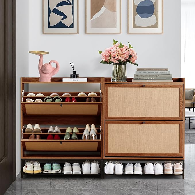 LEVNARY Shoe Storage Cabinet with 2 Flip Drawers, Wooden Narrow Shoe Cabinet Storage for Entryway, Freestanding Shoe Rack Organizer Cabinet with Metal Legs for Hallway (1, Walnut)