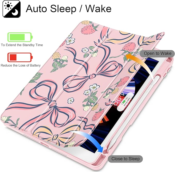 Case for iPad 9th/8th/7th Generation 10.2-Inch (2021/2020/2019 Release) with [Built-in Pencil Holder] Shockproof Cover with Clear Transparent Back Shell &amp Auto Wake/Sleep - Blue Bows