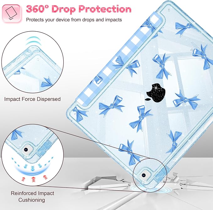 Mektron Sparkly Case for iPad 10.2 inch Glitter Tablet Cases for iPad 9th Gen 2021/8th Gen 2020/7th Gen 2019 Cover with Shiny Clear Back Shell Foldable Bling Smart Cover Blue Floral