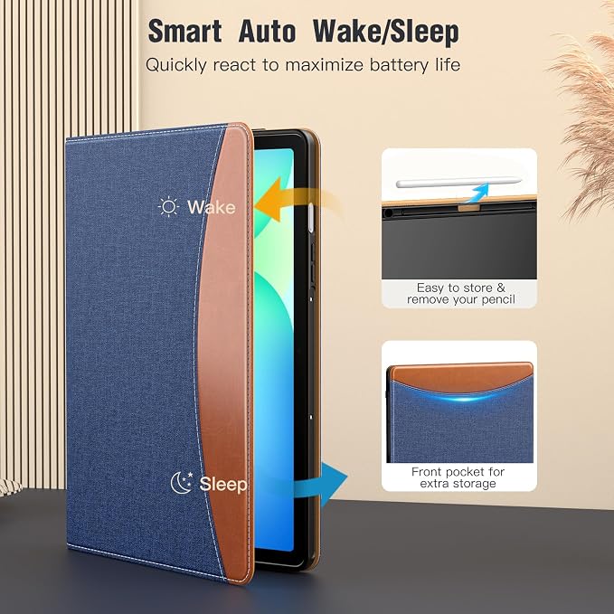 MoKo Case for Samsug Galaxy Tab S10 Lite/ S10 FE/ S9 FE/ S9 10.9/11 Inch | Built-in S Pen Holder Case for Samsung Tablet (2025/2023) PU Leather Hand Strap &amp Front Pocket Blue &amp Brown