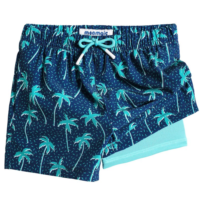 maamgic Boys Swim Trunks with Compression Liner Toddler Stretch Swim Shorts Quick Dry Swimming Trunks Boxer Brief 2 in 1 Beach Shorts Navy Blue Coconut 8