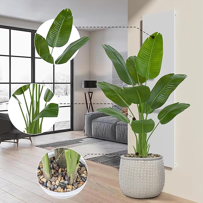 Pack 2 Artificial Bird of Paradise Plant 5FT Fake Palm Tree Feaux Plants in White Pot Artificial Tree Fake Plant for Indoor Outdoor Modern Decoration for Home Living Room Office