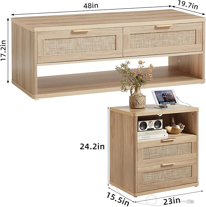 LEYAOYAO Boho Rattan Coffee Table and End Table Sets, 48" Wide Center Tables & 23" Night Stand with Charging Station Chest of Drawers, Natural Wood Coffee Table for Living Room 3 Piece Set