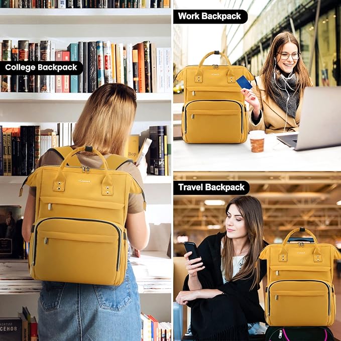 LOVEVOOK College Laptop Backpack, 15.6 Inch Travel Backpack for College, Waterproof Work Backpack Woman for Teacher Nurse Anti-theft Travel Back Pack, Gifts for Women, Yellow