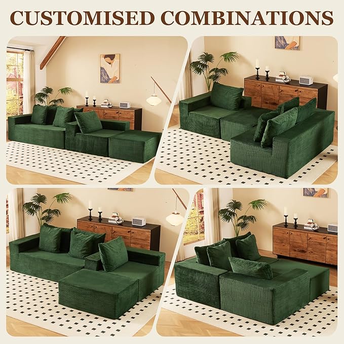 INGEROOM 108" Cloud Sectional Couch with L-Shape Chaise, Modular Sofa Memory Foam, Boneless Sofa with Movable Ottoman, Plush Corduroy Memory Foam Couch for Living Room, No Assembly, Forest Green