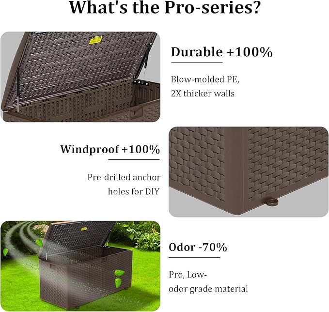 73 Gallon Pro Waterproof Outdoor Storage Pro Resin Deck Box Bin for Patio, Poolside, and Garden, Lockable & UV-Resistant, Ideal for Small Spaces, Brown