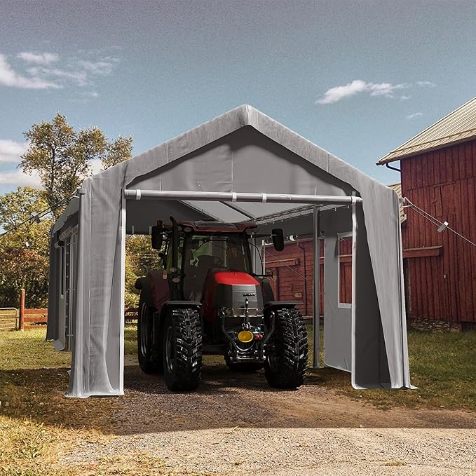 13x20ft Heavy Duty Carport Outdoor Canopy Portable Garage with 4 Doors & 4 Windows Waterproof UV Resistant Storage Shelter with Removable Sidewalls for Car Truck Boat, Gray