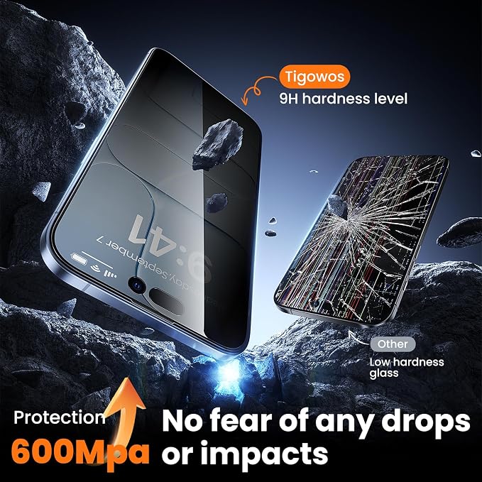 Tigowos 2-Packs for iPhone 17 Pro Privacy Screen Protector，28°Anti-spyDouble Shatterproof Tempered Glass9H+ Hardness99.99% HD ClearFull CoverageBubble FreeEasy Installation