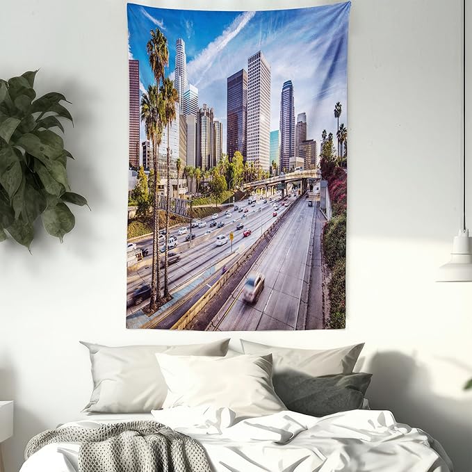 Ambesonne Travel Tapestry, Downtown Cityscape of Los Angeles California USA Avenue Buildings Palms Print, Wall Hanging for Bedroom Living Room Dorm Decor, 60" X 80", Blue Grey Green