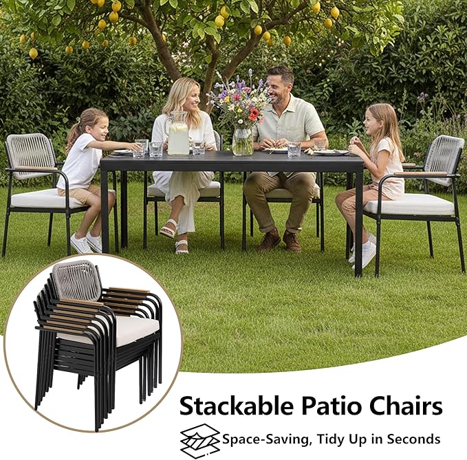 Outdoor Dining Chairs Set of 2, Wicker Patio Dining Chairs with Removable Cushions, Rectangle Patio Table Chair, All Weather Outdoor Chairs, Metal Lawn Chair for Adults/Indoor/Deck, Beige