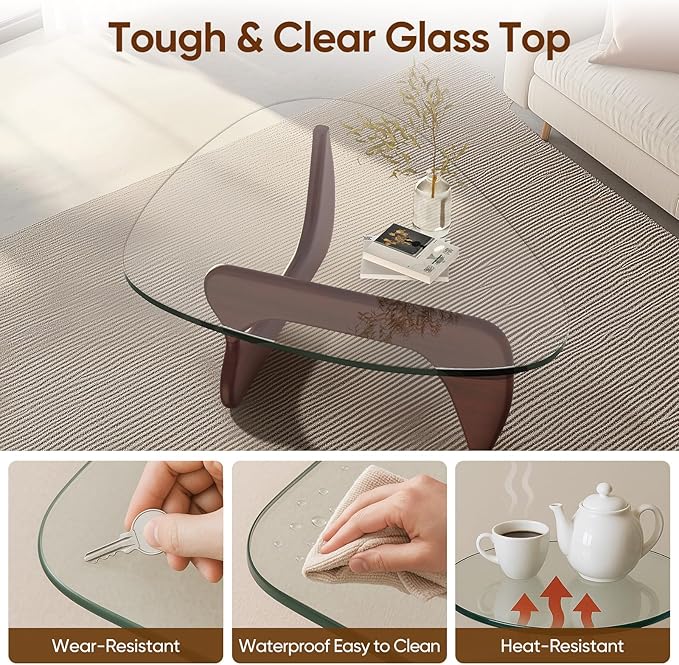 Triangle Glass Coffee Table with Solid Wood Base, 0.8'' Thick Clear Glass Top, 51'' Width Mid Century Modern Coffee Table for Living Room Bedroom Reception (Dark Walnut)