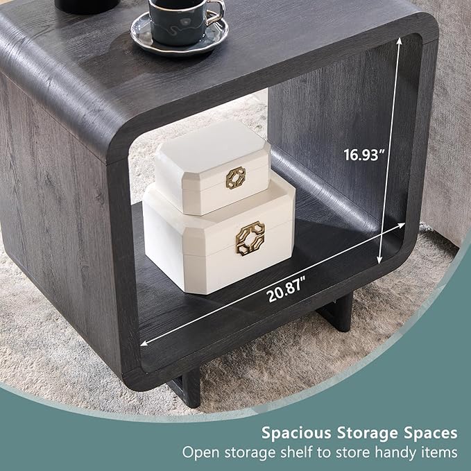 23.6" Modern End Table Set of 2, 2 Tier Side Table with Charging Station, Simple Bedside Table with Open Storage Shelf, Outlet, Wooden Nightstand for Bedroom, Living Room, Study, Dark Grey