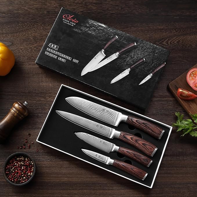 Wakoli EDIB 4-Piece Damascus Knife Set, VG10 Core Damascus Stainless Steel