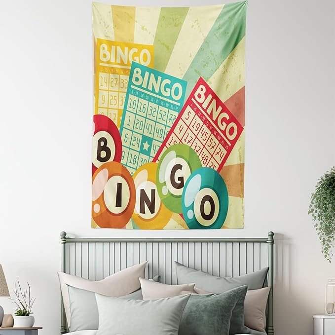 Ambesonne Vintage Tapestry, Bingo Game with Ball and Cards Pop Art Lottery Hobby Celebration Theme, Wall Hanging for Bedroom Living Room Dorm Decor, 40" X 60", Teal Multicolor