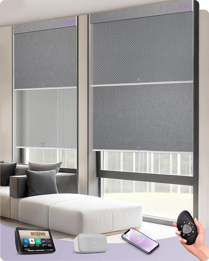 Graywind Motorized Dual Shades for Windows Smart Double Blinds Blackout and Solar Motorized Blinds with Remote Alexa Google Control Day Night Shades, Custom Size (Blackout Light Grey)