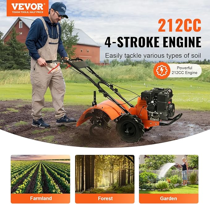 VEVOR Tiller Cultivator, 212CC 4-Stroke Garden Cultivator, Tiller with 4 Steel Adjustable Rear Tines for Lawn, Garden and Field Soil Cultivation