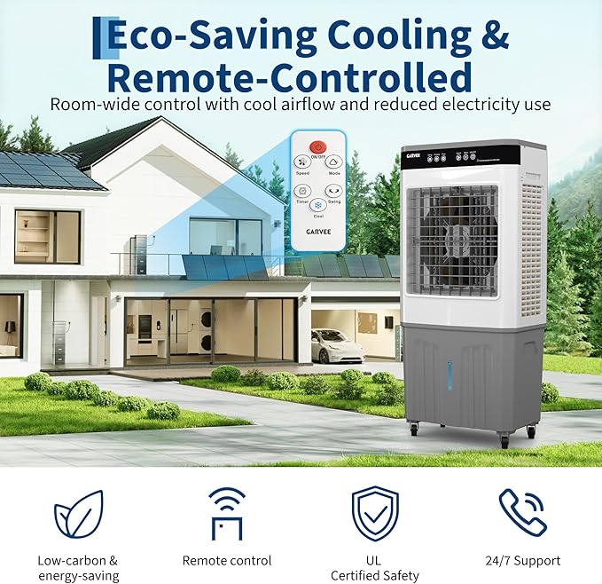 11.6 Gal Portable Evaporative Air Cooler, 3500 CFM cooler with Remote Timer, 3 Speeds 120° Oscillation 3-Side Cooling Pads, Auto-Swing for Home Workshop Office Garage