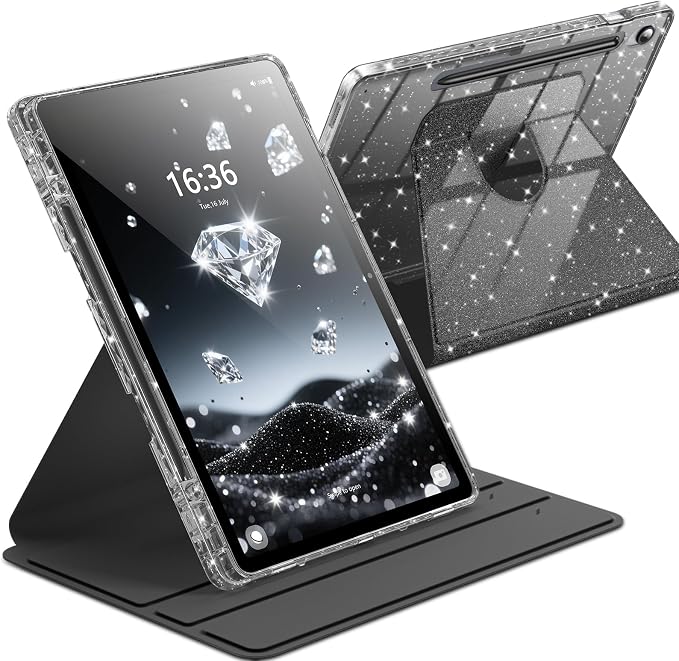 INFILAND Rotating Case for Samsung Galaxy Tab S10 FE/ S9 FE 5G 10.9 Inch/Tab S9 11 Inch 360 Cute Glitter Cover with Clear Back S Pen Holder for Girls Kids Woman (Black)