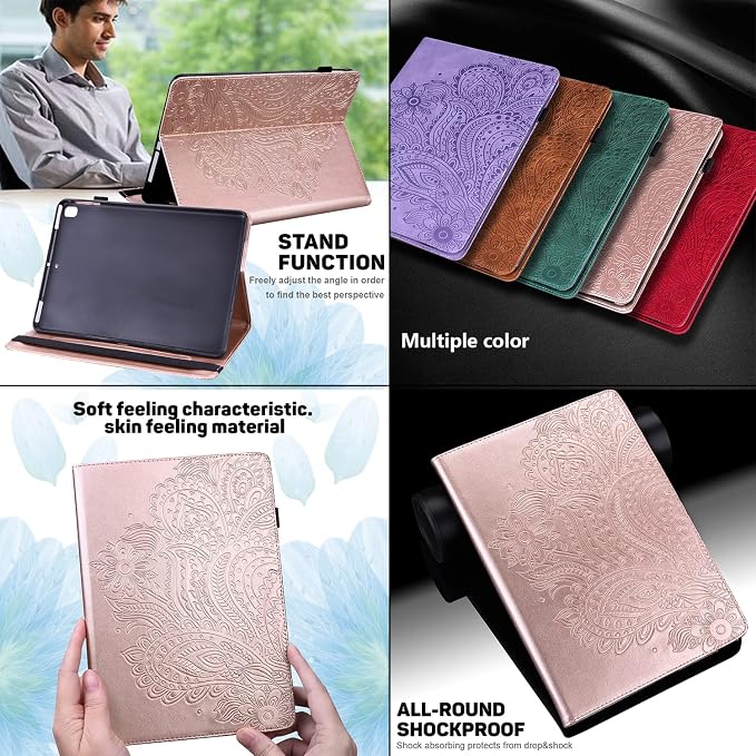 for Kindle Fire HD 8 Tablet (only Fits 10th Generation) &amp Fire HD 8 Plus 8 Case 2020 with Stand/Pencil Holder/Card Pocket/Elastic Band Embossed PU Leather Floral Cover Brown Peacock Flower