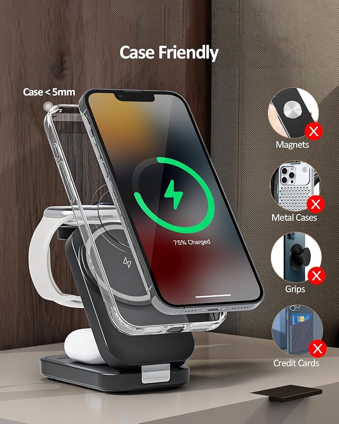 Wireless Cell Phone Charger Station 3 in 1 Magnetic Wireless Fast Charger Dock Stand for iPhone Apple Watch AirPods Pro 15W USB-C iPhone Charger Black（20W Adapter）
