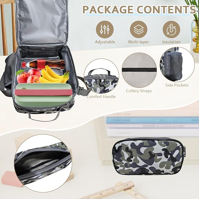 Camo Backpack for Boys 3 in 1 Set, 19 Inch 55L Tactical Bookbag with Lunch Box Pencil Case, Molle System School Backpack for Elementary Middle High School, Outdoor Camping Hiking Travel for Kids Teens