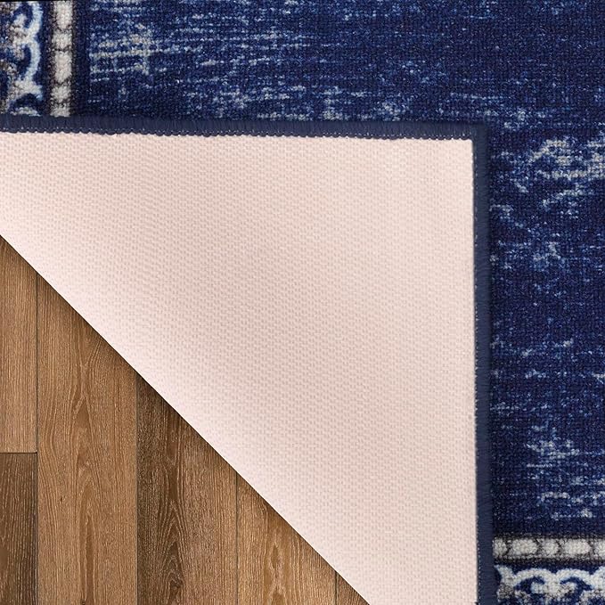 Antep Rugs Alfombras Bordered Modern 2x10 Non-Slip (Non-Skid) Low Pile Rubber Backing Indoor Area Runner Rug (Navy, 2' x 10')