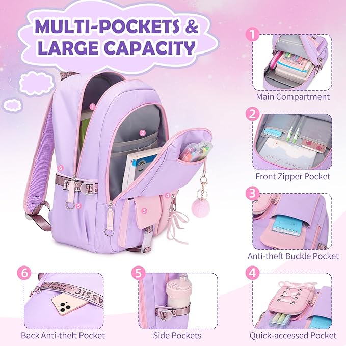 Backpacks for Girls, Girls Backpack with Lunch Box and Pencil Case for Teen Kids Elementary Middle High School College Student, Children Backpack Bookbag with USB Charging Port (Pink Purple)