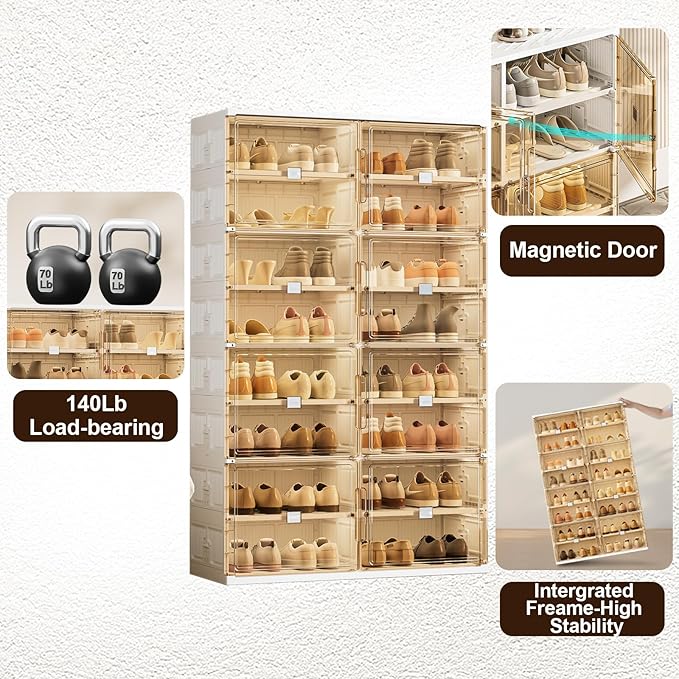 wesimple 32 Pairs Shoes Storage Cabinet of 3-Step Fast Installation,Plastic Shoe Rack with Clear Magnetic Door for Display, Shoe Organizer for Sneaker, Sandals, Heels (2 Row, 8 Tier)