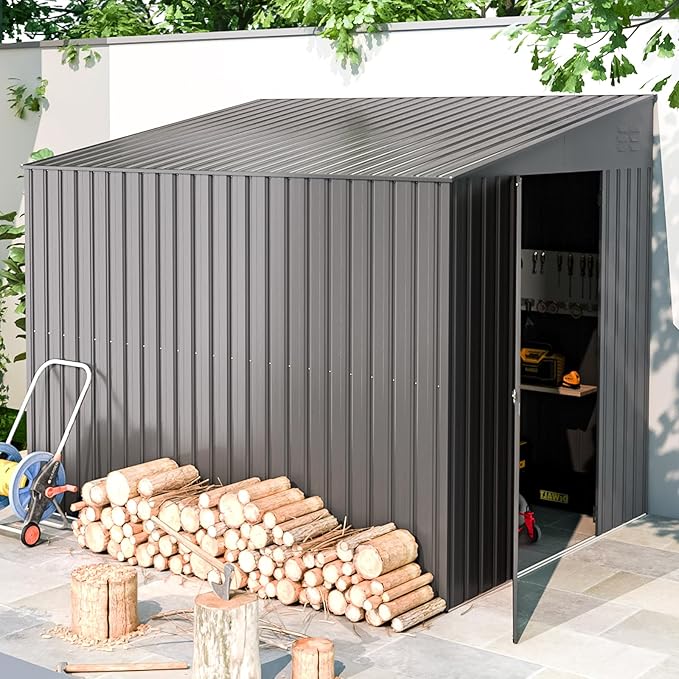 AECOJOY Shed Lean to Storage Shed, Outdoor 6' x 8' Metal Wall Side Bike Shed & Outdoor Storage, Garden Storage Cabinet for Backyard, Patio and Outdoor Use in Dark Grey