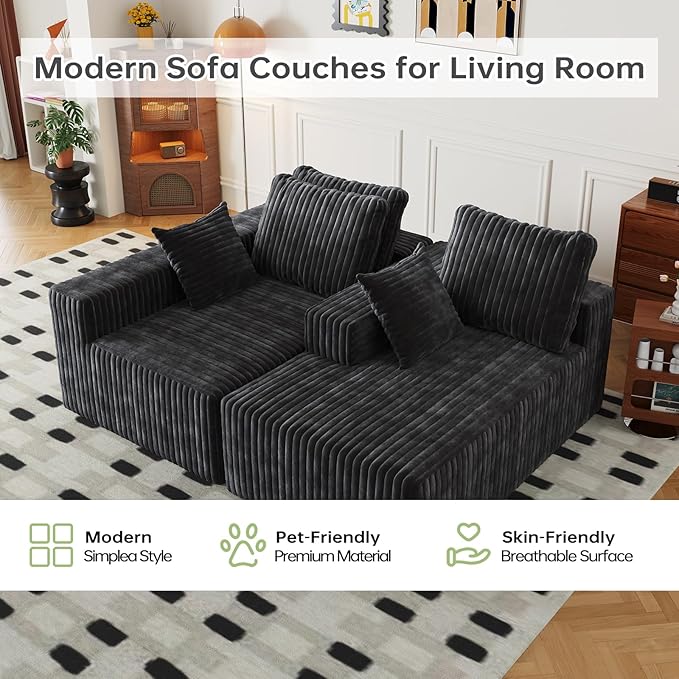 94" Cloud Sectional Couch with L-Shape Chaise,4 Seat Modern Modular Sofa with Side Pockets,Upholstered Couches for Living Room Bedroom, Boneless Couch,No Assembly Required