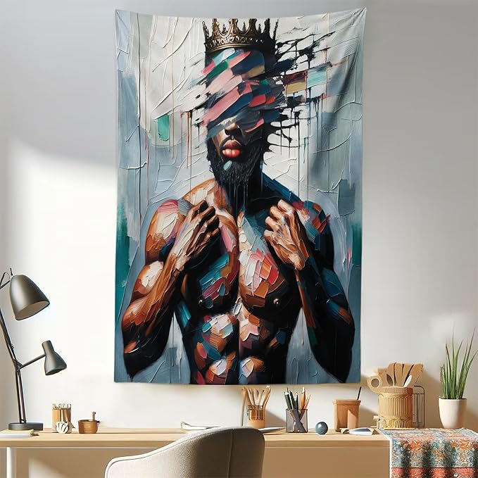 Ambesonne Afro Art Tapestry, Strong Black Man with a Crown Face of Strokes Modern Painting Print, Fabric Wall Hanging Decor for Bedroom Living Room Dorm, 30" X 45", Blue Grey and Chocolate