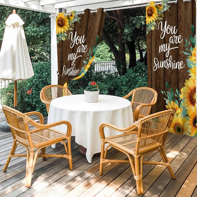 Summer Outdoor Curtains for Patio Sunflowers Eucalyptus Leaves Wood Waterproof