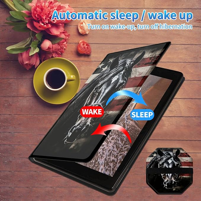 for All-New Kindle Fire HD 10 &amp 10 Plus Tablet (13th/11th Gen 2023/2021 Release) 10.1 + Screen Clean Pad Slim PU Leather Multi-Angle Kickstand Cover with Auto Wake/Sleep Horse with US Flag