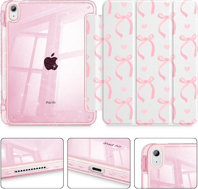 for iPad Air 11 inch M4/M3/M2 (2026/2025/2024) iPad Air 5th/4th Gen (2022/2020) 10.9 inch with Pencil Holder Glitter Clear Pretevtive Cover Auto Wake/Sleep Black Cartoon Stickers