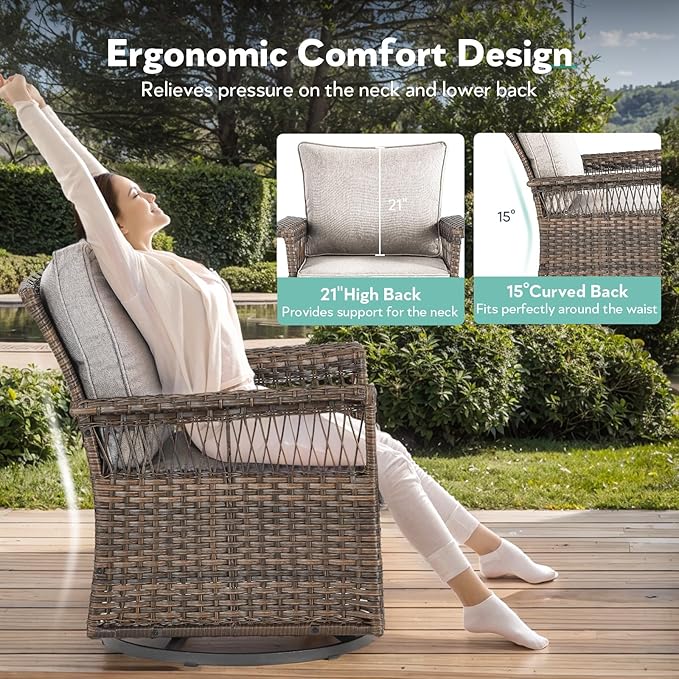 5 Pieces Wicker Patio Furniture Set - Hollow Widen Armrests Outdoor Swivel Glider Chairs and 3 Seat Sofa with Coffee Table & Side Table for Balcony Porch Deck and Yard - Brown/Beige