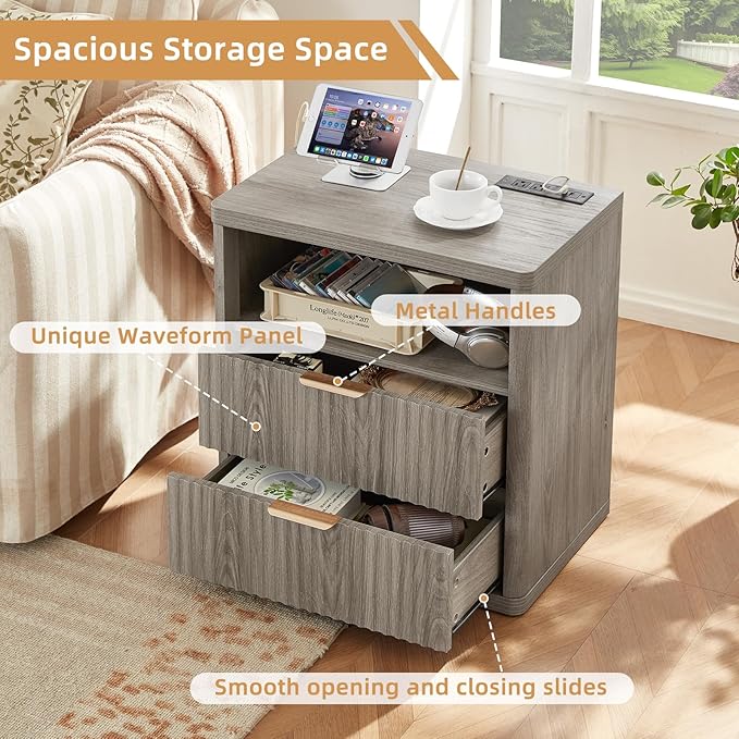 LEYAOYAO Fluted Nightstand with Charging Station, 23" Wide 2 Drawers End Table,Grey Night Stand with Open Storage Cabinet, Farmhouse Bed Side Tables, Wood Dresser for Bedroom, Living Room, Closet